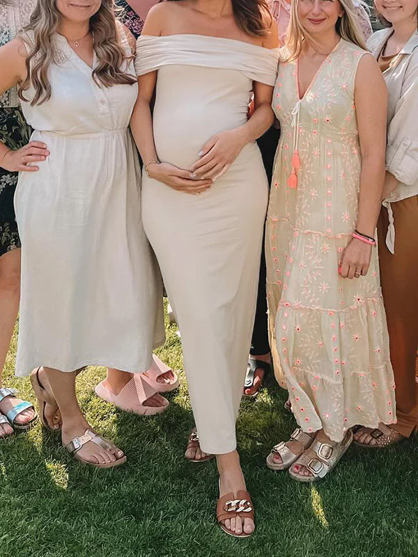 Vestido Largo Para Baby Shower Maternidad con Sin Hombros y Trasera Ajustado Elegante
