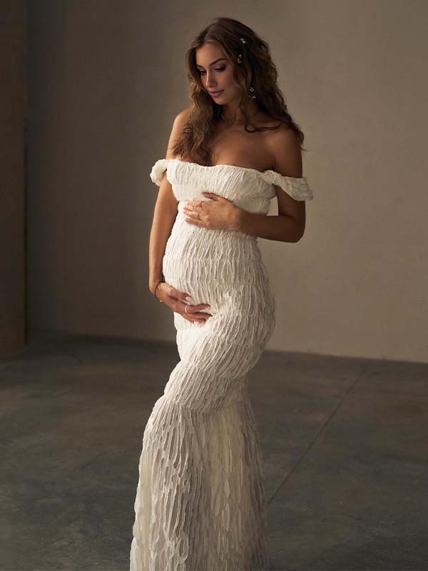Vestido Maxi De Maternidad Fruncido Con Hombros Descubiertos Para Sesión De Fotos