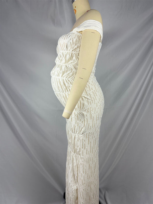 Vestido Maxi De Maternidad Fruncido Con Hombros Descubiertos Para Sesión De Fotos