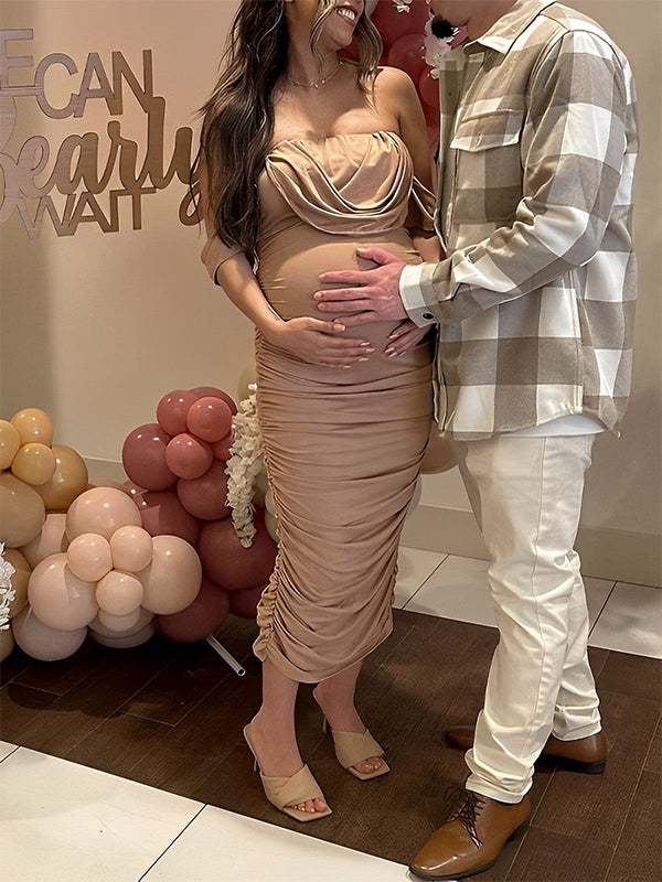 Caqui Acanalado Sin Hombros Amigable Con El Vientre Ajustado Para Baby Shower Maternidad Vestido Midi