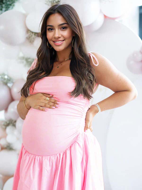 Color Sólido Acanalado Anudado Correa Ajustable Bolsillos Big Swing Para Baby Shower Maternidad Vestido Largo
