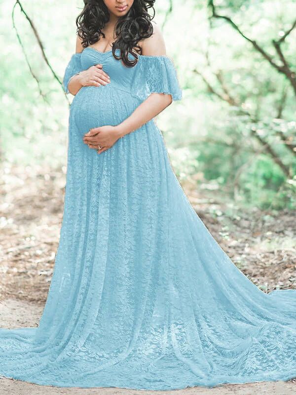 Vestido Maxi Premamá Encaje Off Shoulder Manga Corta Fotos Maternidad
