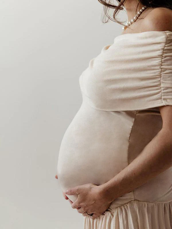 Albaricoque Sin Hombros Acanalado Plisado Big Swing Maxivestido De Maternidad Para Baby Shower