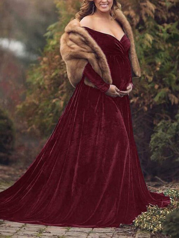 Vestido De Foto De Maternidad con Sin Hombros y Pleuche Sirena Elegante
