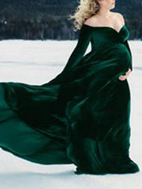 Vestido De Foto De Maternidad con Sin Hombros y Pleuche Sirena Elegante