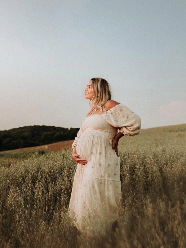 Albaricoque Estampado De Margaritas Fruncido Hombros Descubiertos Volantes Falda Amplia Elegante Vestidos De Foto De Maternidad