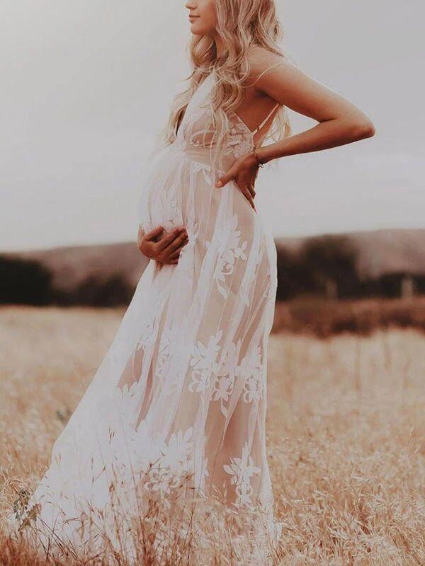 Blanco Encaje Bohemio Fotografía Vestidos de invitada Maternidad Vestido Largo