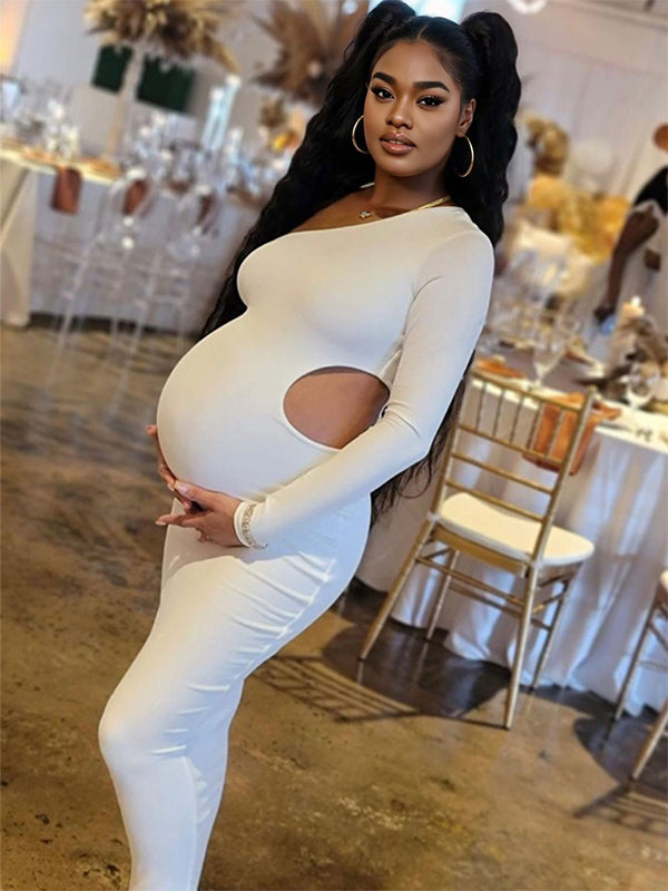 Un Hombro Recorte Irregular Ajustado Manga Larga Moda Baby Shower Maternidad Vestido Largo