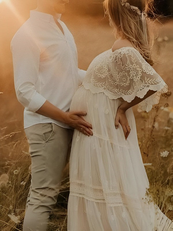 Blanco Hombros Descubiertos Encaje Cuello De Barco Fluido Elegante Vestido De Fotos De Maternidad