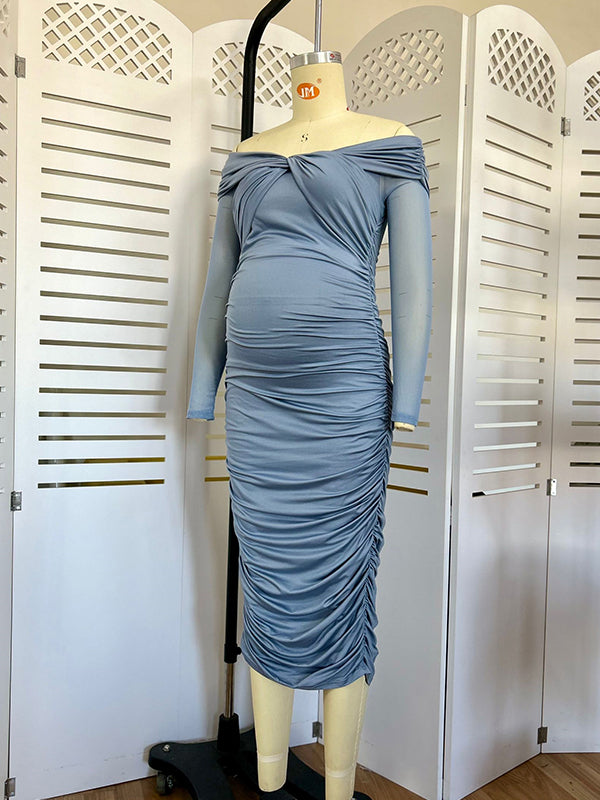 Azul Acanalado Hombros Descubiertos Cruz De Pecho Ajustado Elegante Vestidos De Invitada Vestidos Para Baby Shower