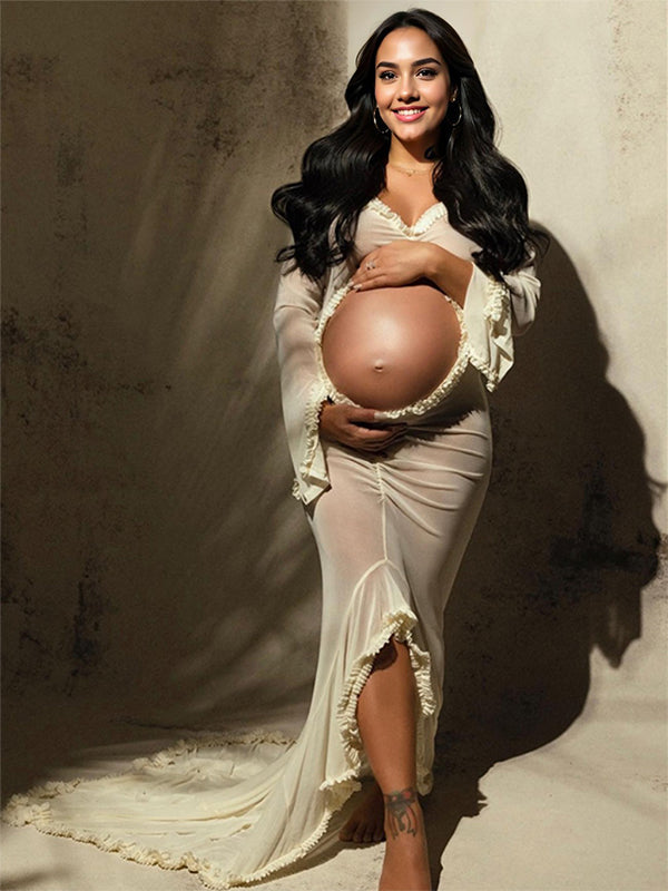 Blanco Marfil Transparente Volantes Calado Abertura Falbala Escote En V Profundo Sirena Elegante Vestido Largo De Foto De Maternidad