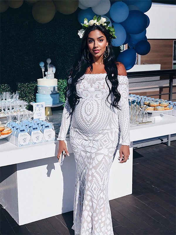 Blanco Encaje Lentejuelas Hombros Descubiertos Sirena Vestido De Novia Baby Shower Elegante Formal Vestidos De Foto De Maternidad