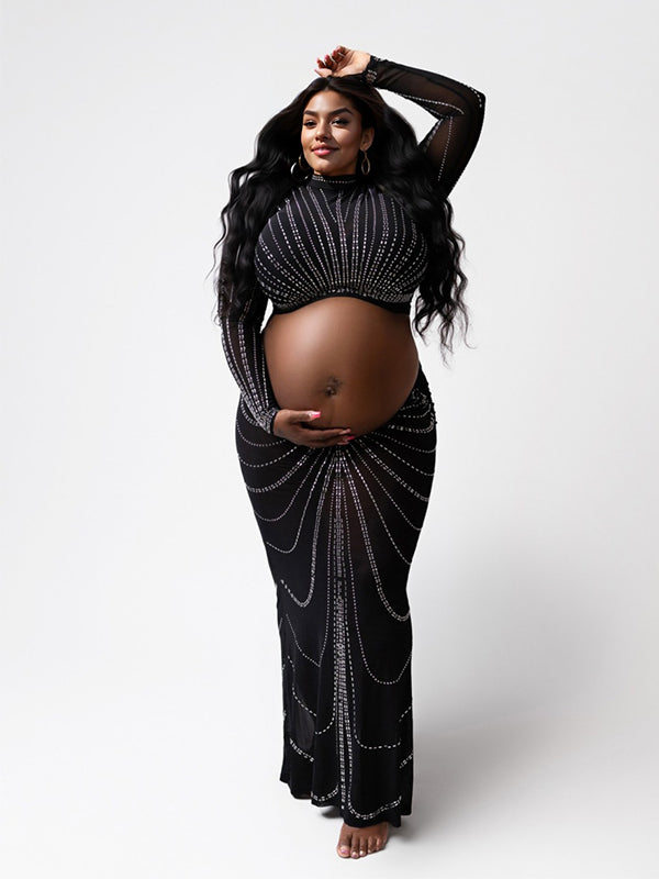 Vestido Maxi Maternidad 2 en 1 de Crop de Malla con Rhinestones para Fotoshoot
