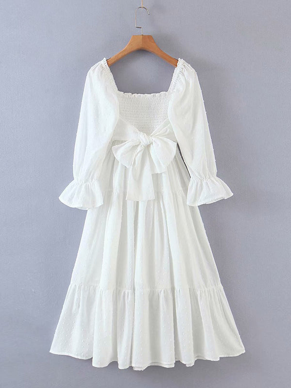 Blanco Sin Hombros Volantes Manga Globo Lazo BohemioI Maternidad Vestido Largo