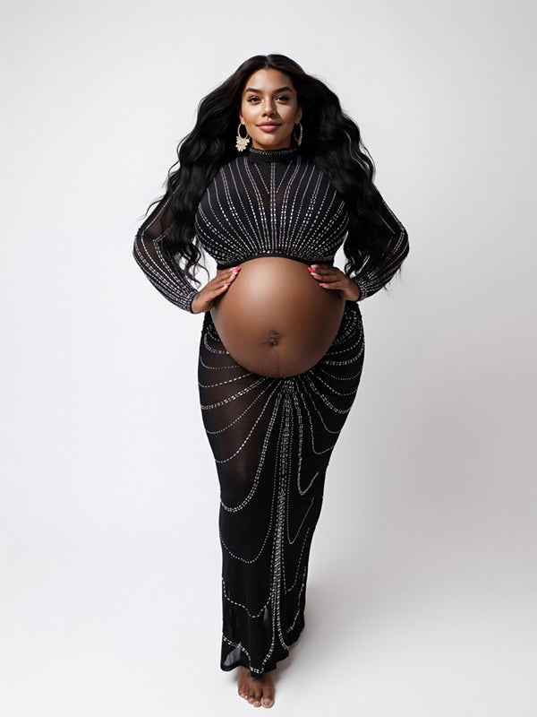 Vestido Maxi Maternidad 2 en 1 de Crop de Malla con Rhinestones para Fotoshoot
