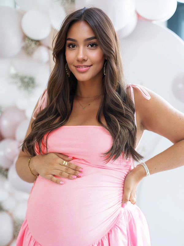 Color Sólido Acanalado Anudado Correa Ajustable Bolsillos Big Swing Para Baby Shower Maternidad Vestido Largo