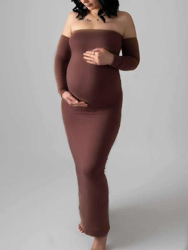 Marrón Sin Hombros Manga Larga Ajustado Elegante Para Baby Shower Fotografía Maternidad Vestido Largo