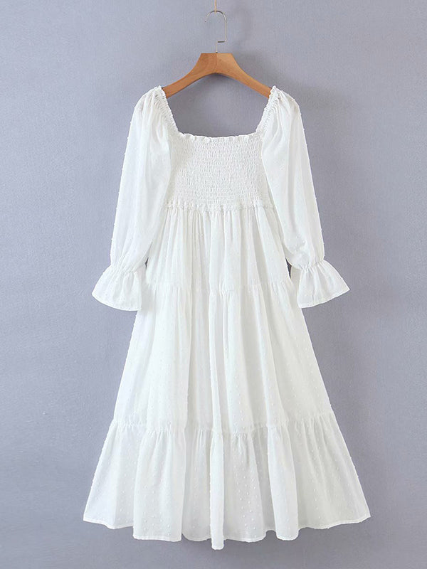 Blanco Sin Hombros Volantes Manga Globo Lazo BohemioI Maternidad Vestido Largo