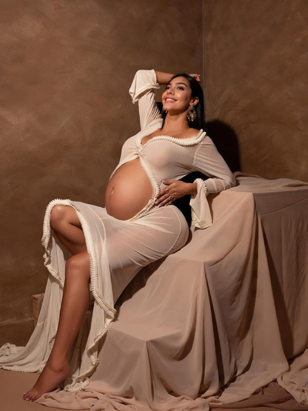 Blanco Transparente Volantes Calado Abertura Falbala Escote En V Profundo Sirena Elegante Vestido Largo De Foto De Maternidad