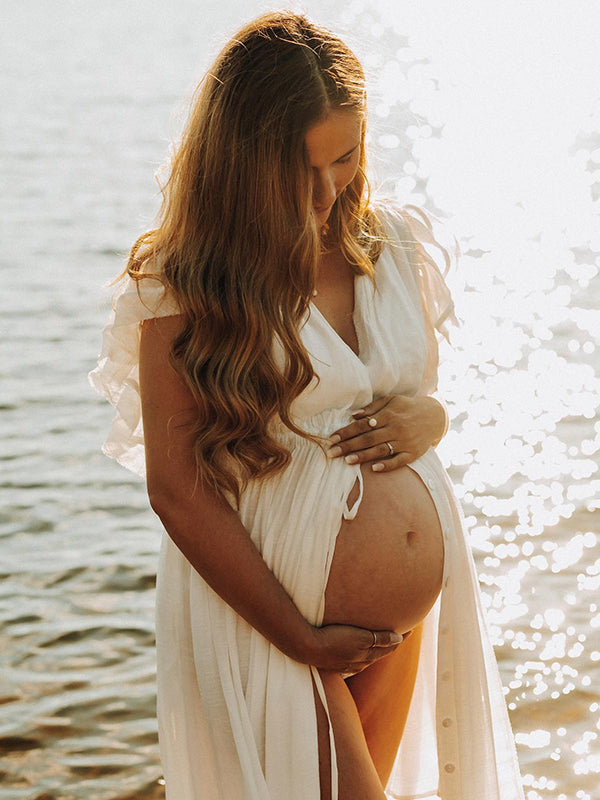 Blanco Cordón Un Solo Pecho Volantes Espalda Anudada Fotografía Maternidad Vestido Largo