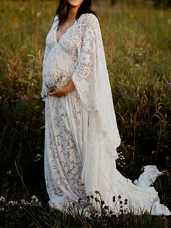 Blanco Encaje Espalda Descubierta Bohemio Baby Shower Manga Murciélago Fotografía Maternidad Vestido Largo