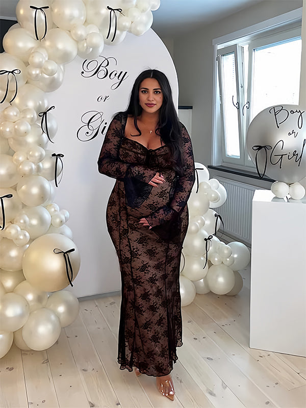 Vestido Largo De Maternidad Con Lazo De Encaje, Mangas Acampanadas Y Encaje Para Baby Shower