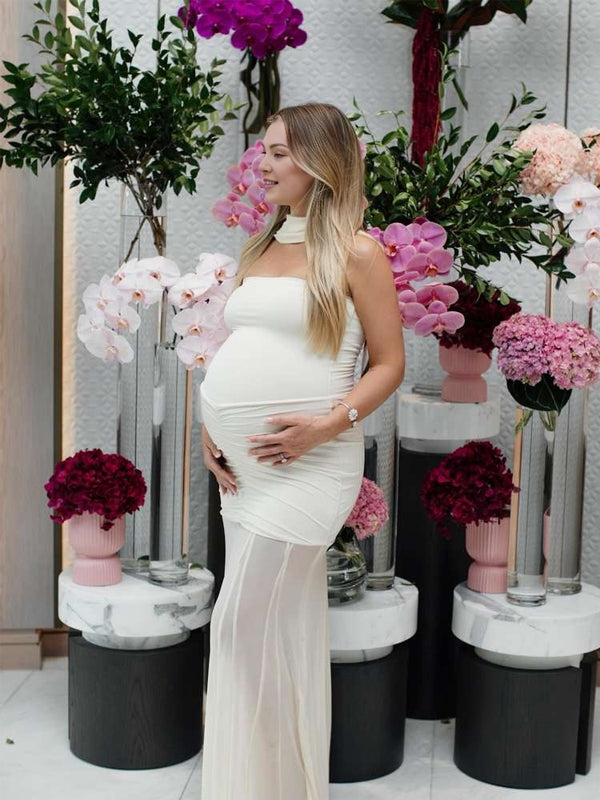 Vestido Largo De Maternidad Con Escote Palabra Y Hombros Descubiertos Para Sesión De Fotos