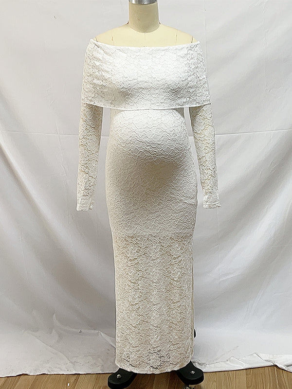 Vestido Largo De Maternidad Para Baby Shower Con Hombros Descubiertos Y Abertura Lateral, De Encaje