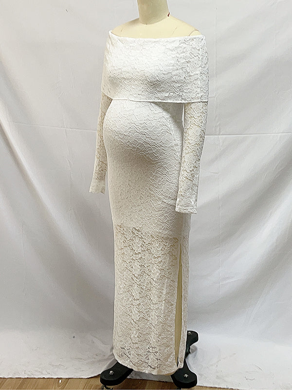 Vestido Largo De Maternidad Para Baby Shower Con Hombros Descubiertos Y Abertura Lateral, De Encaje