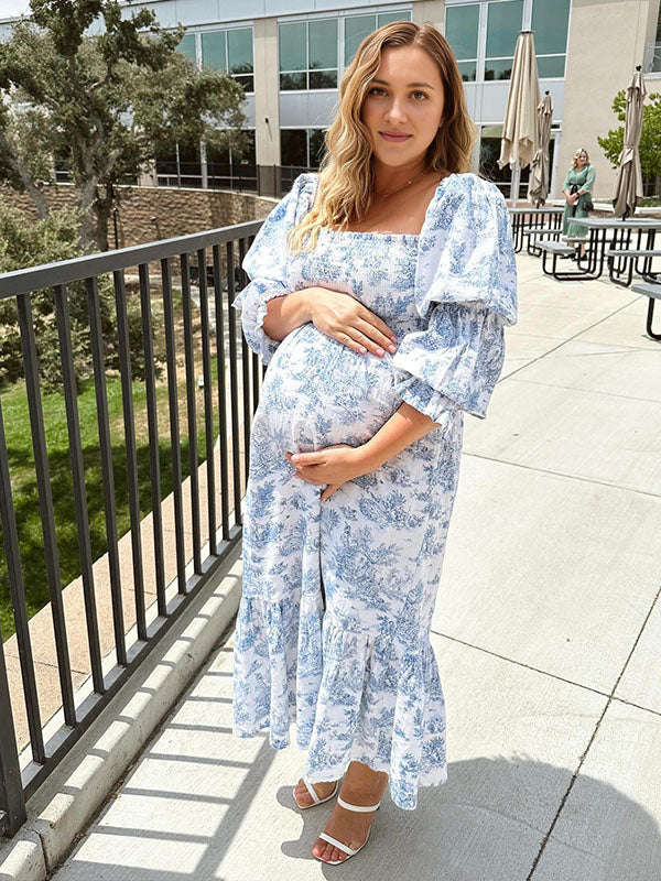 Blanco Volantes Acanalado Cintura Alta Manga Globo Bonito Vestidos De Foto De Maternidad