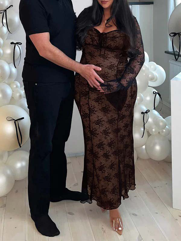 Vestido Largo De Maternidad Con Lazo De Encaje, Mangas Acampanadas Y Encaje Para Baby Shower