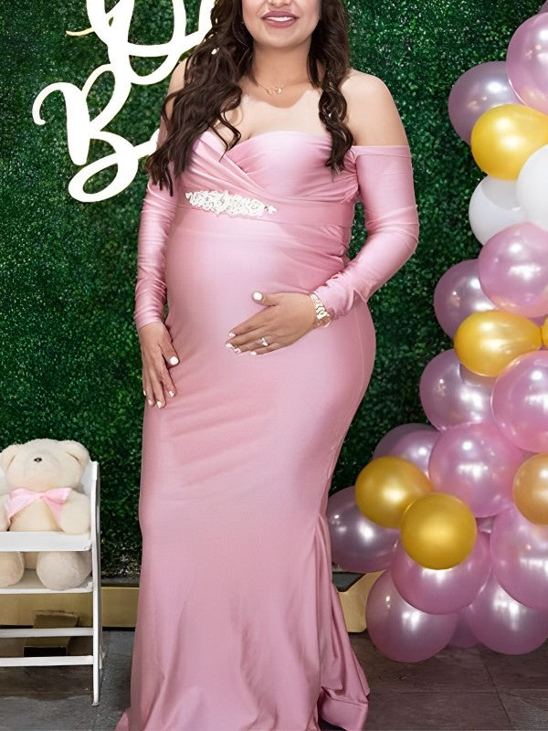 Rosa Sin Hombros Manga Larga Abertura Ajustado Fiesta De Bienvenida Al Bebé Bata Embarazo Maxivestido Premamá