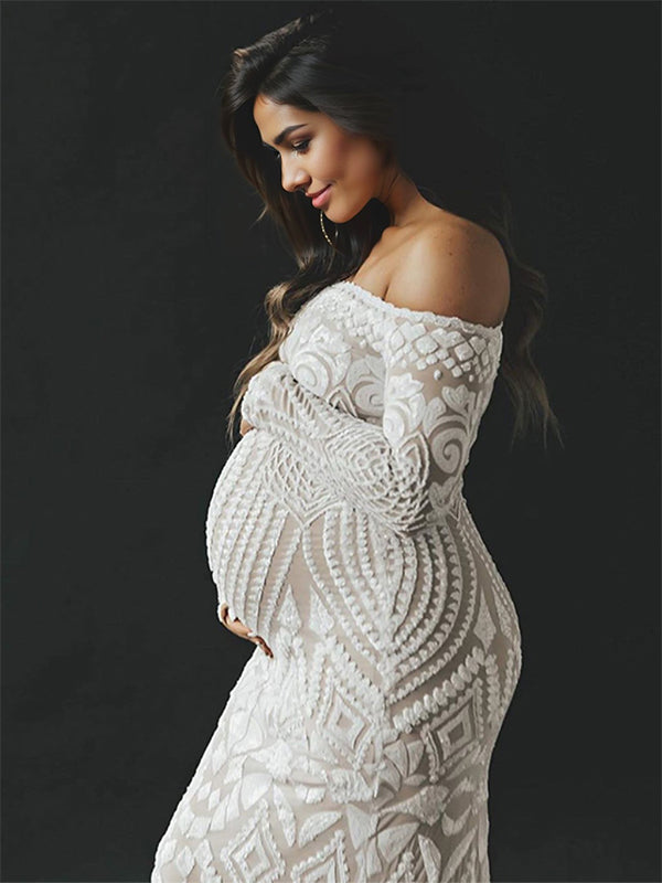 Blanco Encaje Lentejuelas Hombros Descubiertos Sirena Vestido De Novia Baby Shower Elegante Formal Vestidos De Foto De Maternidad