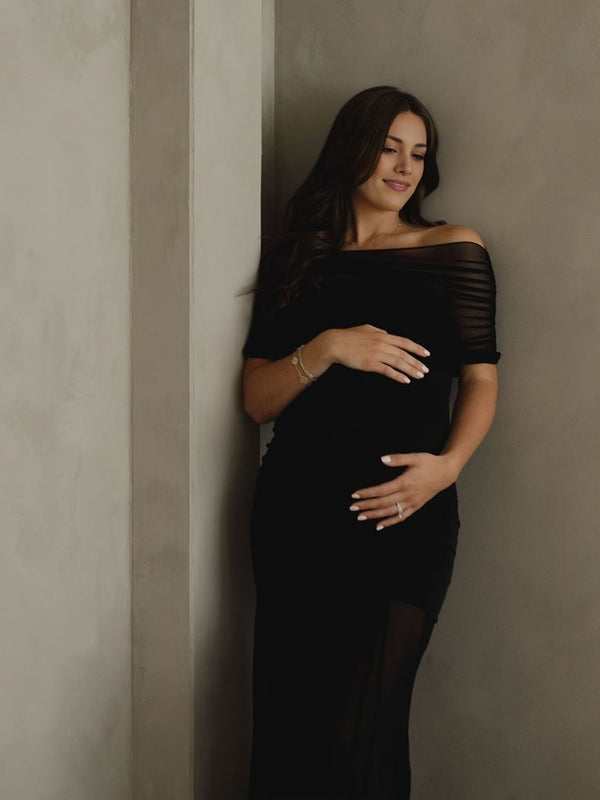 Vestido Largo De Maternidad Con Escote Palabra Y Hombros Descubiertos Para Sesión De Fotos