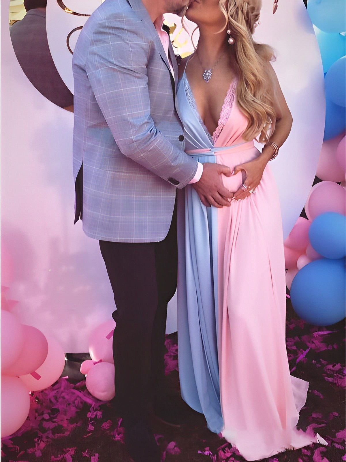 Rosa&Azul Encaje Sin Espalda Hendidura Lateral Género Revelar Bonito Maternidad Maxi Vestido