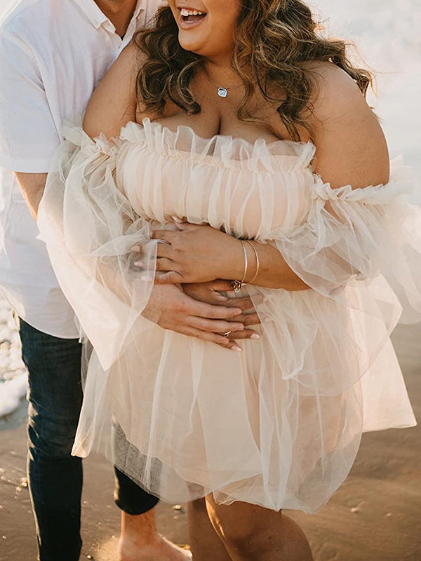 Vestido Mini de Malla para Baby Shower de Tulle con Hombros Descubiertos para Maternidad