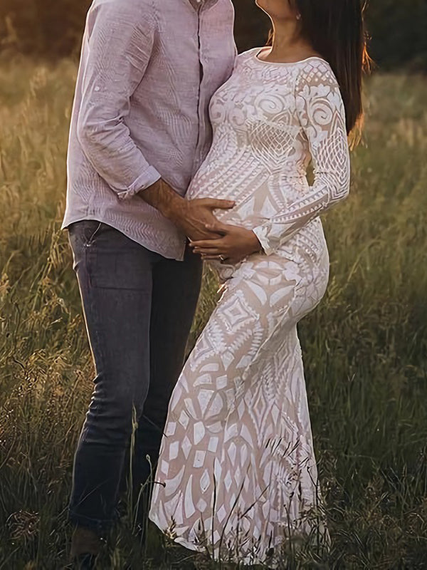Blanco Encaje Lentejuelas Hombros Descubiertos Sirena Vestido De Novia Baby Shower Elegante Formal Vestidos De Foto De Maternidad