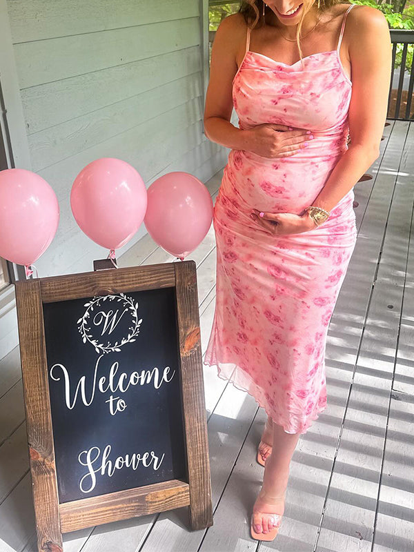 Rosa Floral Tul Acanalado Ajustado Bonito Revelación De Sexo Para Baby Shower Maternidad Vestido Midi