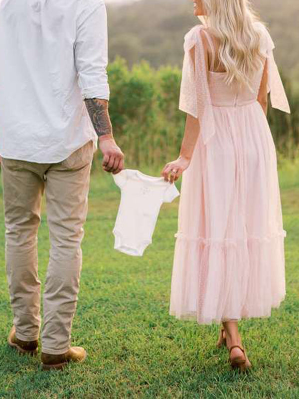 Rosa Tul Claro Lunares Volantes Tirantes Finos Con Lazo Bajo Evasé Vestido De Princesa Vestidos Para Baby Shower