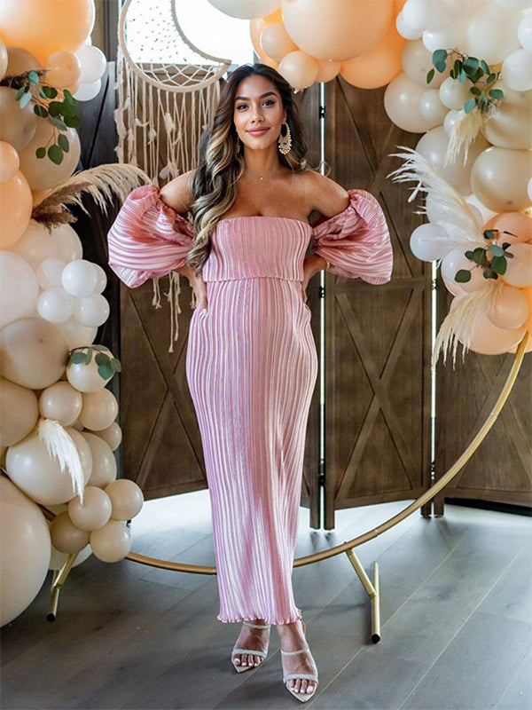 Rosa Hombros Descubiertos Escote Palabra De Honor Acanalado Plisado Manga Globo Vestidos Para Baby Shower