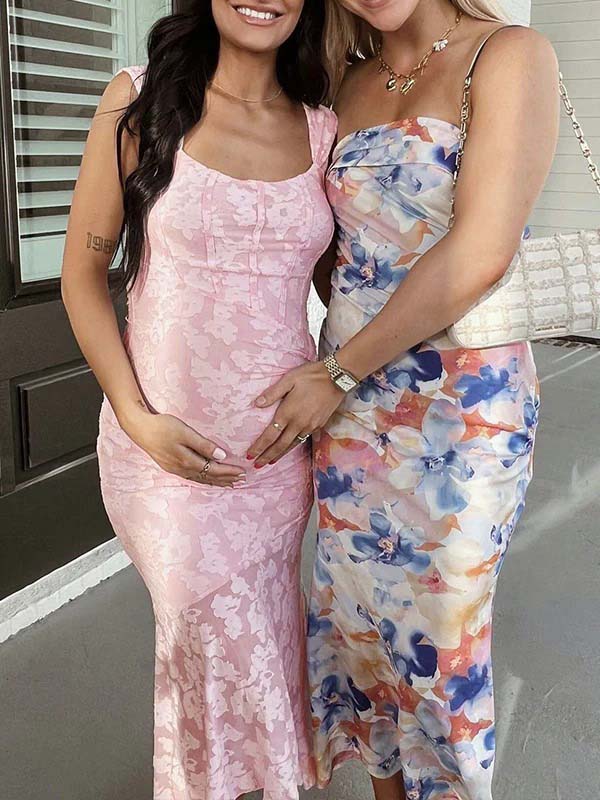 Rosa Encaje Acanalado Corsé Alto-bajo Depósito Sirena Para Baby Shower Maternidad Vestido Largo
