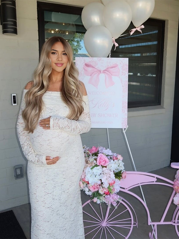 Vestido Largo De Maternidad Para Baby Shower Con Hombros Descubiertos Y Abertura Lateral, De Encaje