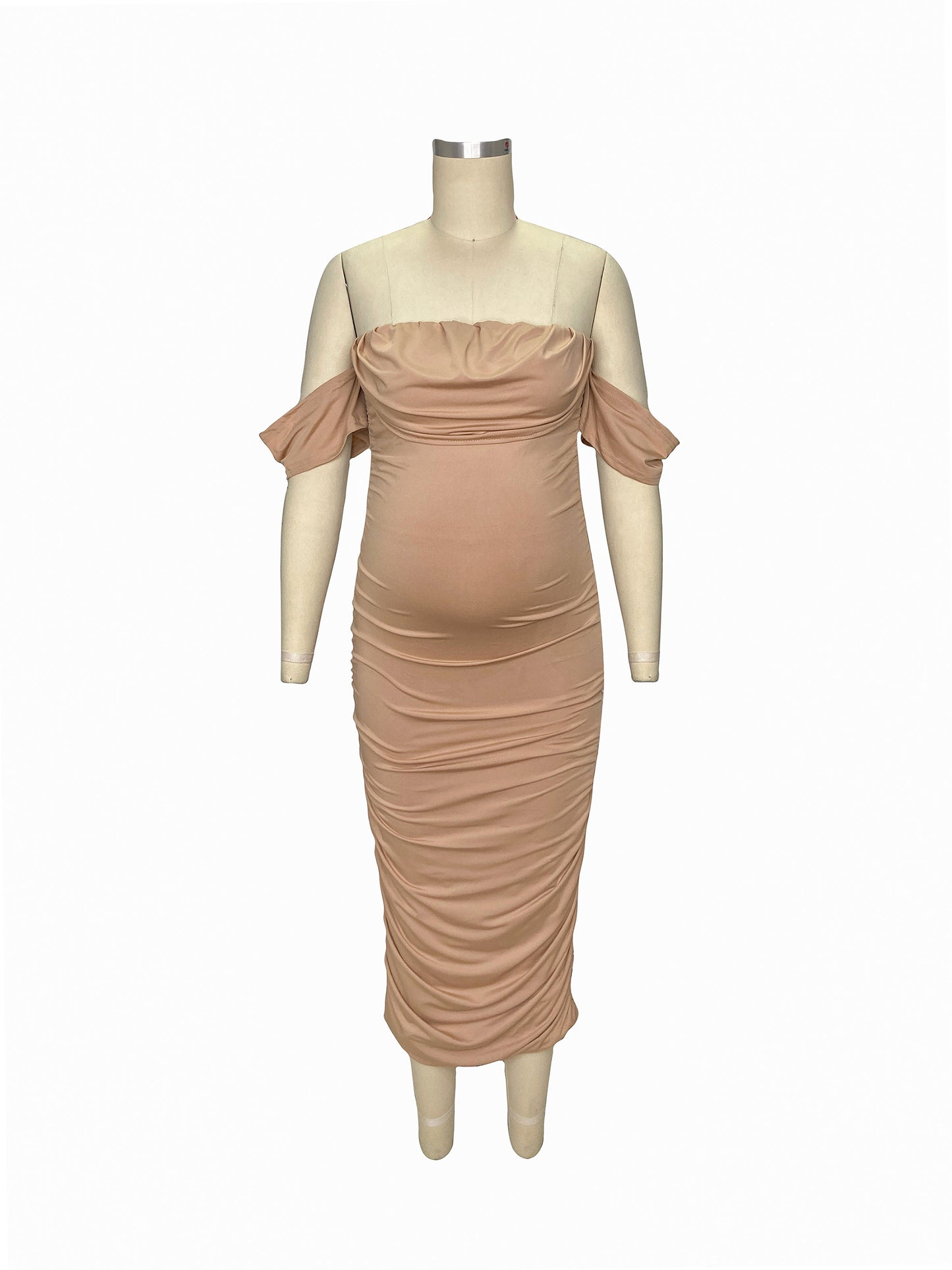 Caqui Acanalado Sin Hombros Amigable Con El Vientre Ajustado Para Baby Shower Maternidad Vestido Midi