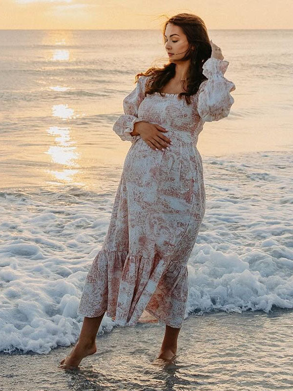 Blanco Volantes Acanalado Cintura Alta Manga Globo Bonito Vestidos De Foto De Maternidad