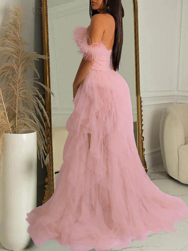 Escote palabra de honor Hombros descubiertos Pluma Tul Elegante Vestido Largo De Foto De Maternidad