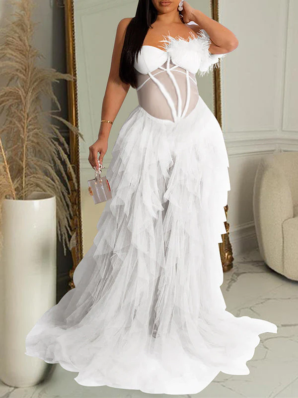 Escote palabra de honor Hombros descubiertos Pluma Tul Elegante Vestido Largo De Foto De Maternidad