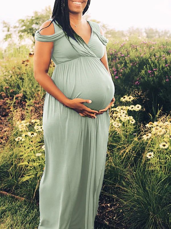 Vestido Largo de Maternidad  con Sin Hombros y Abertura Fluido para Fotografía