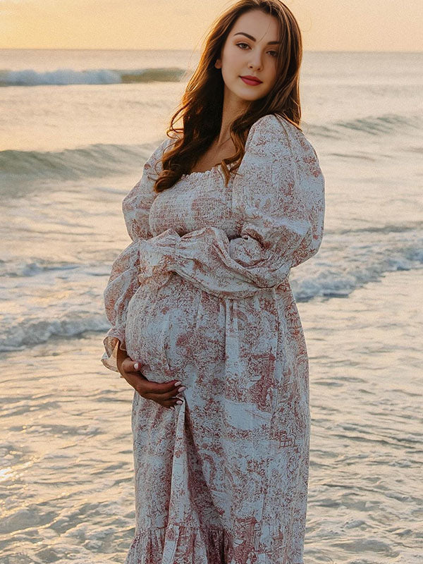 Blanco Volantes Acanalado Cintura Alta Manga Globo Bonito Vestidos De Foto De Maternidad
