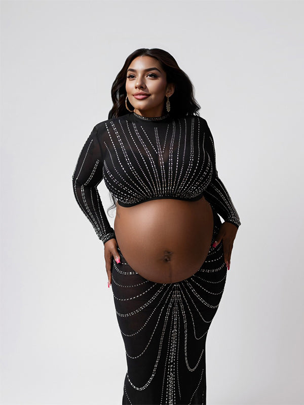 Vestido Maxi Maternidad 2 en 1 de Crop de Malla con Rhinestones para Fotoshoot