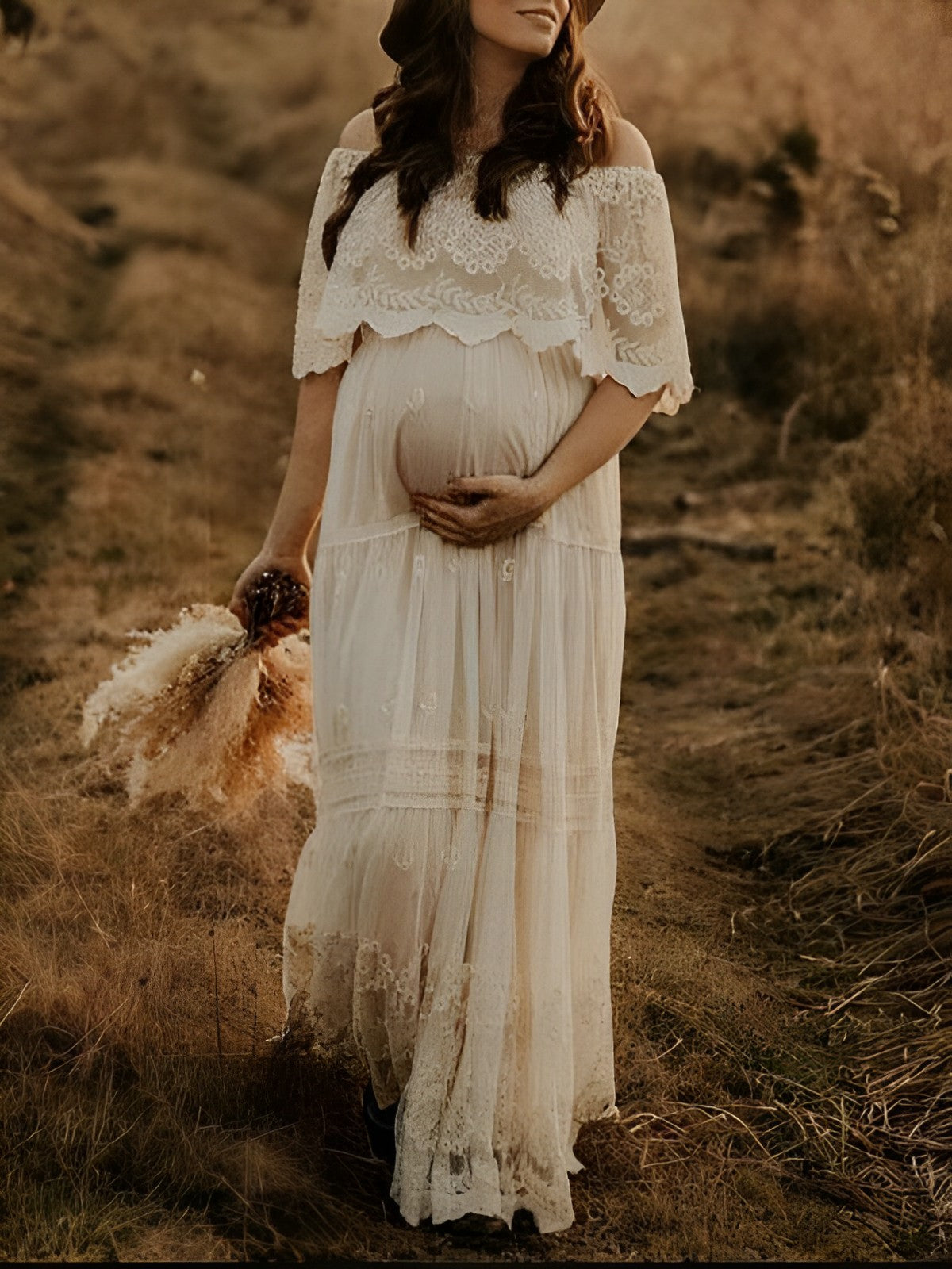Blanco Hombros Descubiertos Encaje Cuello De Barco Fluido Elegante Vestido De Fotos De Maternidad